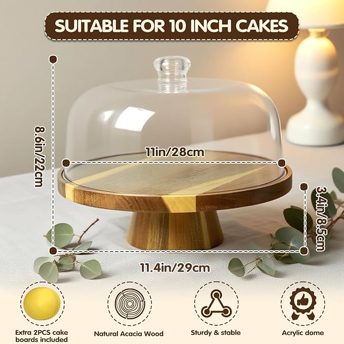 Acacia Wood Cake Stand with Lid, Multi-Functional Cake Display Stand, Flips to Charcuterie Board & Chips Dip Tray, Ideal for Weddings, Parties, Daily Entertaining & Kitchen Decor