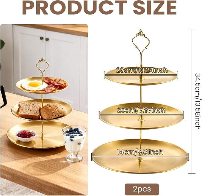 2 Pack Gold Dessert Tiered Tray Stands,Stainless Steel Gold Tiered Dessert Stand, 3 Tiered Golds Cupcake Stand for Christmas Birthday Party Wedding Desserts Table Decorations