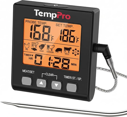 TempPro TP16SW Digital Meat Thermometer for Cooking and Grilling, BBQ Food Thermometer with Backlight and Kitchen Timer, Grill Temperature Probe Thermometer for Smoker, Barbecue, Oven, Black
