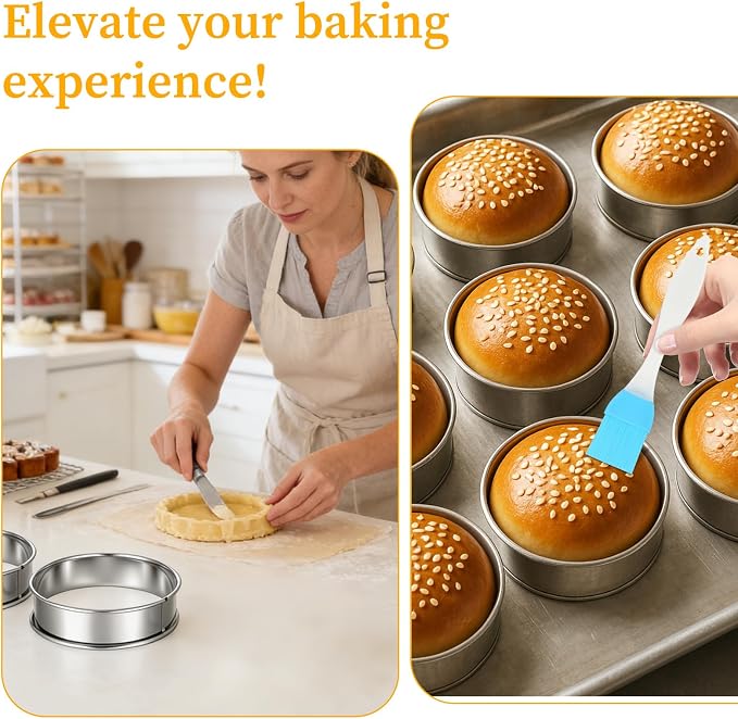 20 Pack 4 Inch English Muffin Rings, Stainless Steel Crumpet Rings Double Rolled Tart Ring Nonstick Tart Ring for Baking Metal Pastry Ringd Mold with Silicone Brush for Dessert Food Making Tool