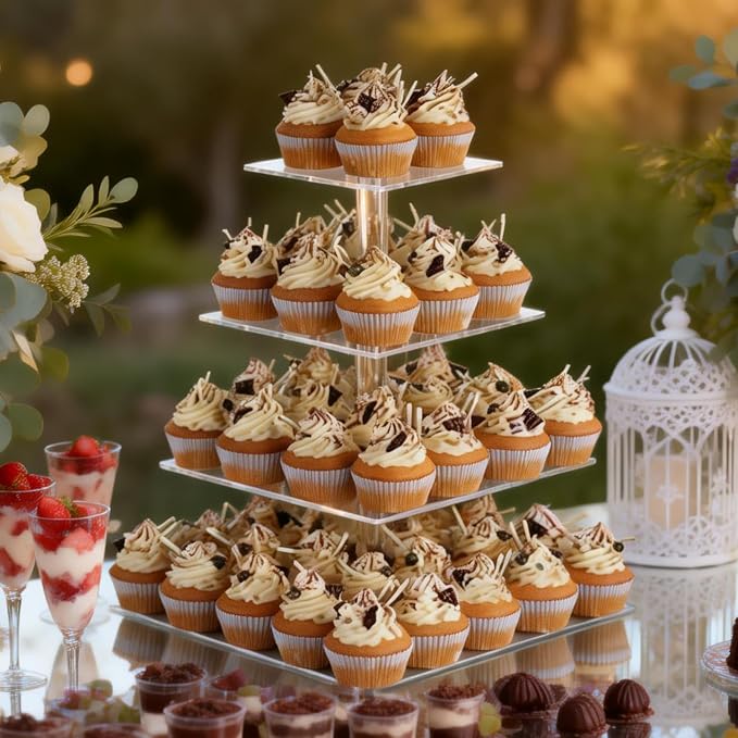 4 Tier Acrylic Cupcake Tower Stand, Clear Square Dessert Treat Display, Cake and Cupcake Stand Set, Candy Bar Party Décor, Bases Para Cupcakes for Birthday Wedding Party…