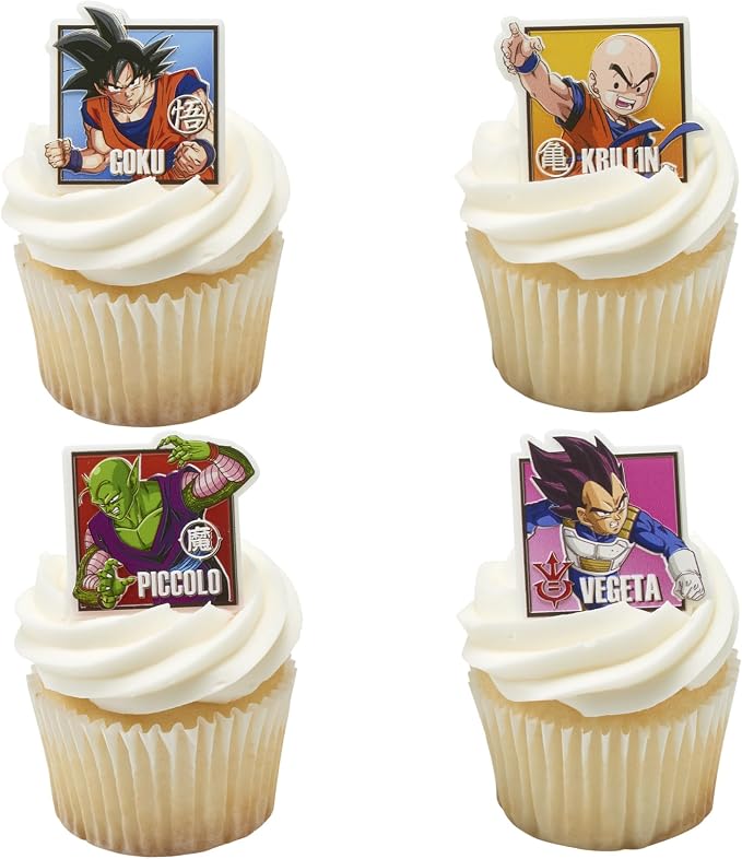 24 Dragon Ball Z Cupcake Rings | DecoPac Cupcake Toppers Featuring Goku, Vegeta, Krillin, Piccolo | Food Safe Square Decorations - 24 Pack