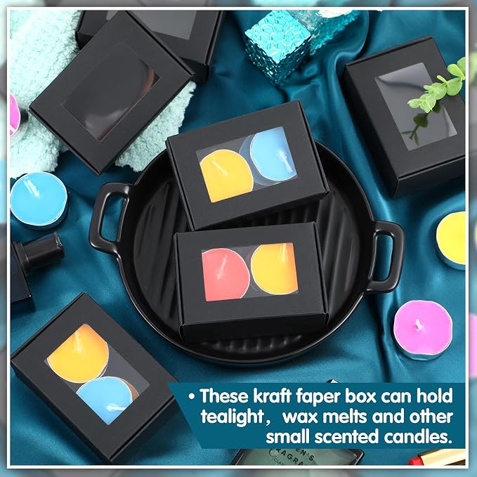 Zonon 100 Pcs Soap Boxes for Homemade Packaging, Mini Kraft Boxes with Window for Bakery Candy Soap Making Gift Packaging, 3.7x2.6x1.4 Inch (Black)