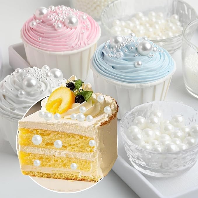 HeDeon&Rles Edible White Preals Sprinkles for Baking 4 Size（2mm 4mm 7mm 10mm）White Sprinkles for Cake Cupcake Pancake Ice Cream Decoration