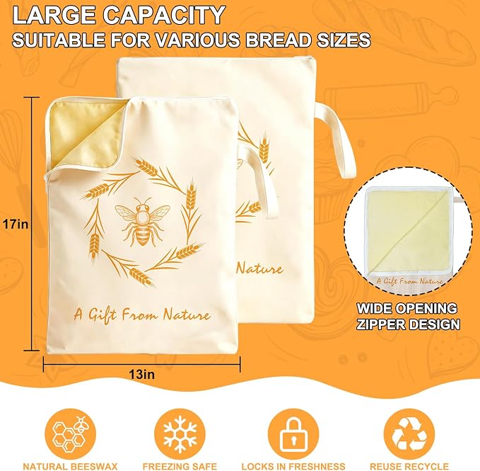 2 PCS Beeswax Bread Bag with Wide Zipper, Breathable Bags Bread | Breathable Bees Wax Bread Bag with Wide Zipper, Freezer Safe Beeswax Bags for Bread, Homemade Bread Storage