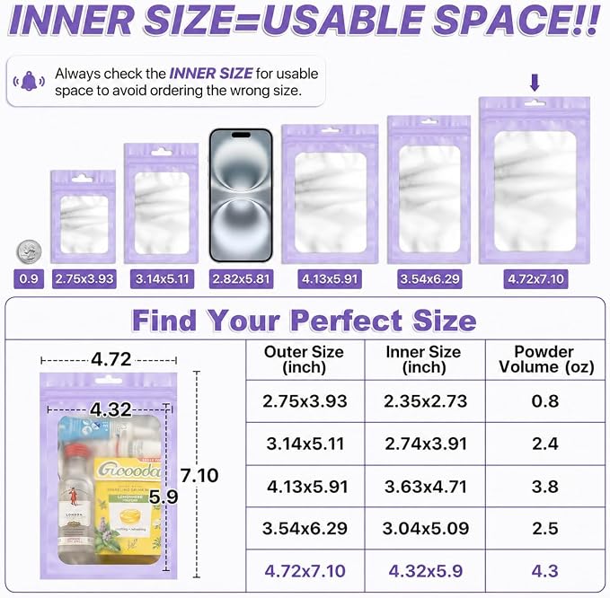ANZNKU 100 Pack Lavender Purple Resealable Mylar Bags with Frosted Clear Window 4.72x7.1", Smell Proof Foil Pouch Bag for Jewelry Candy Storage Supplies, Sealable Packaging Bags for Small Business