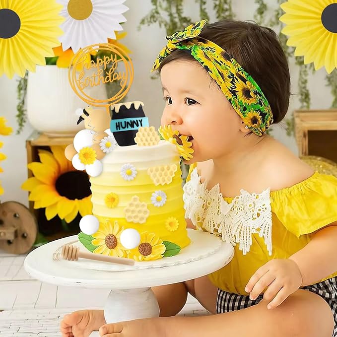 Hooqict 33 Pcs Bee Cake Decorations with Mini Honey Jar, Honeycomb, Honey Sticks, Bee Cake Toppers for Kids Boys Girls 1st 2nd 3rd Birthday Party Decorations Baby Shower