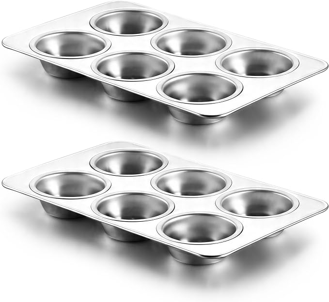 LIANYU 2 Pack Muffin Pan 6 Cups, Premium Stainless Steel Cupcake Tin Mold for Baking Small Muffin Cake, Everyday Muffin Baking Tray for Oven, Regular Size & Rust Resistant