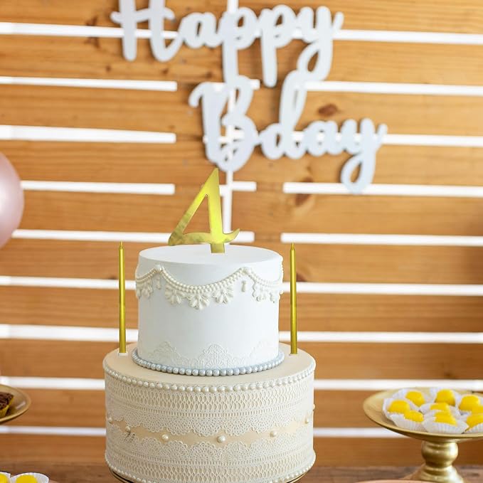 3.7IN Gold Acrylic Number 4 Cake Topper with 12 Gold Long Candles - Perfect for 4th Birthday Party Supplies, Ideal for Cake Decoration