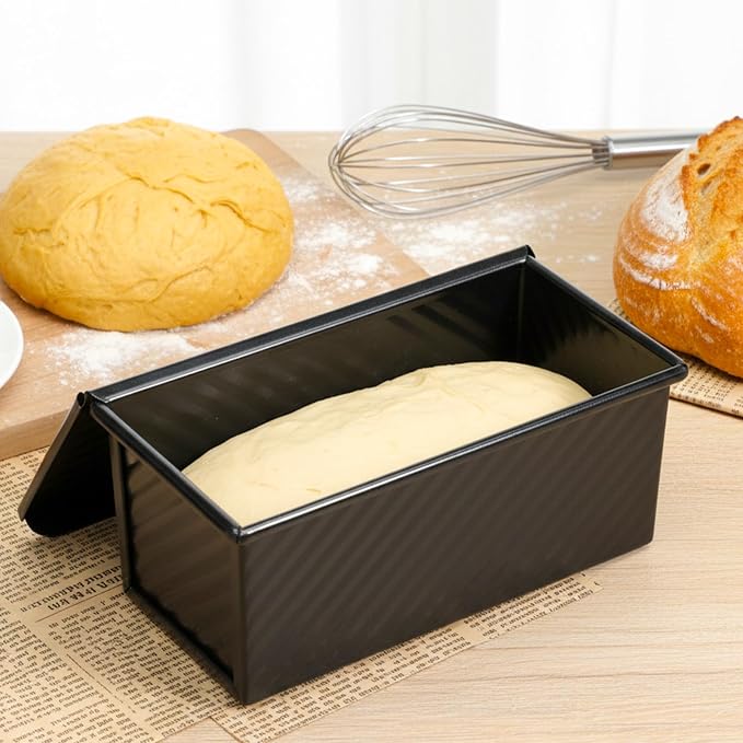 2 Pack Black Pullman Loaf Pan with Lid, Non-Stick Bread Pan for Sourdough, 2.2lb & 1lb Carbon Steel Corrugated Square Toast Tin, Carbon Steel Toast Box with Cover for Homemade Bread Sandwich