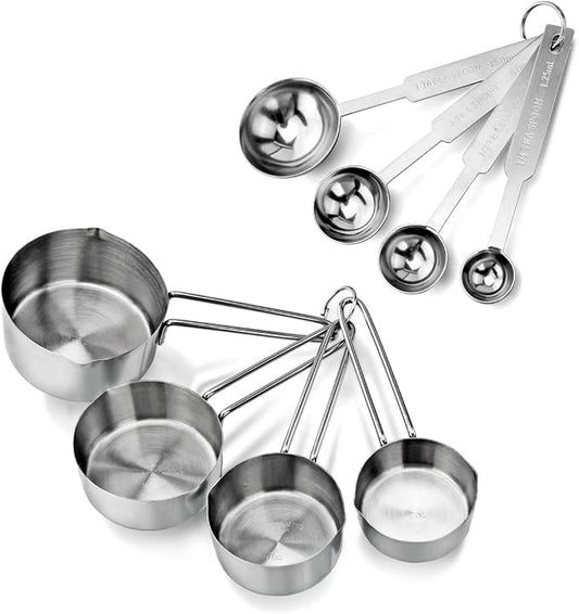 New Star Foodservice 42917 Stainless Steel Measuring Cups and Spoons Set, 8-Piece Metal Measuring Set for Baking, Cooking, Dry and Liquid Ingredients, Restaurant Grade, Silver