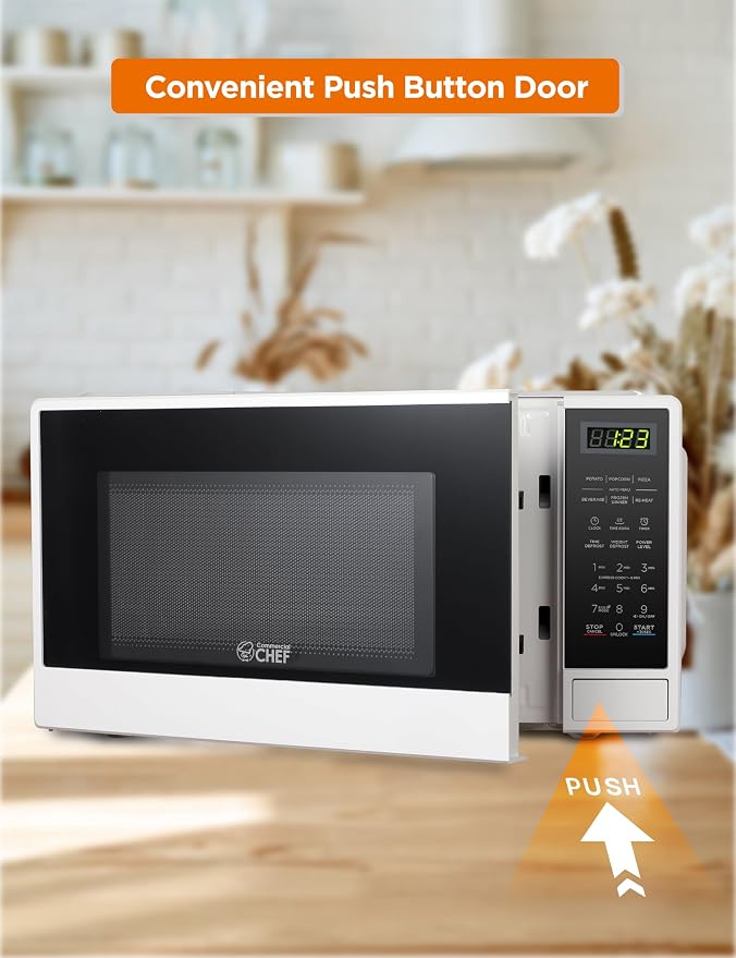 Commercial Chef 1.1 Cu. Ft. Countertop Microwave Oven, Touch Controls with Digital LED Display, 1100W Microwave, Push Button Door, 10 Power Levels, CHCM11100W, White