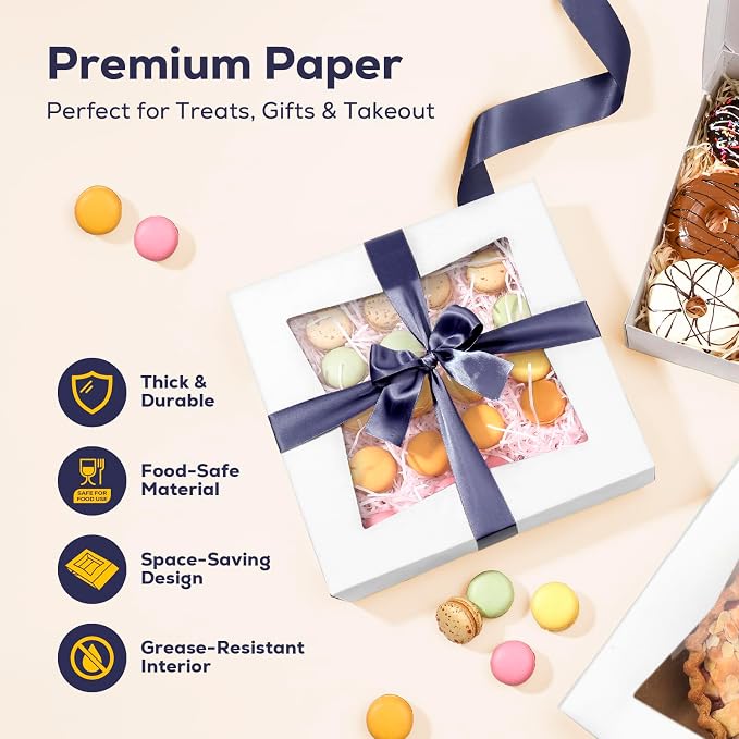 [25 Pack] Bakery / Pie Box with Window 10x10x2.5" - White Cardboard Packaging for Cupcake, Cookies and Pastry, Restaurant Containers And Personalized Favors