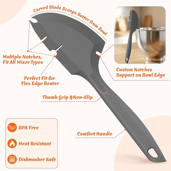 Silicone Bowl Scraper Spatula for KitchenAid Mixers, Heat Resistant Beater Blade Cleaner for Paddle Attachments, Dough Hooks & Mixing Bowls(Grey)