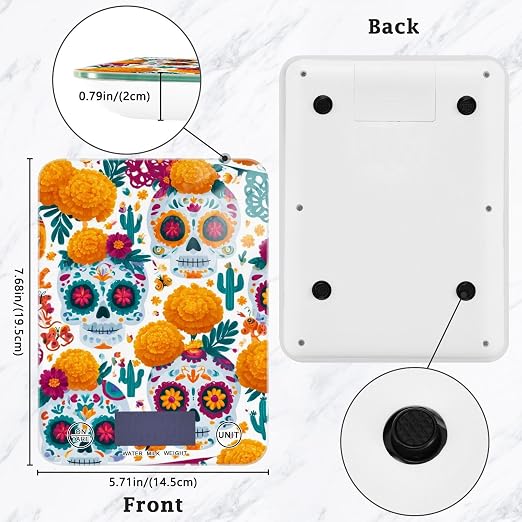 Food Scale Kitchen Digital Scale Food Ounces and Grams Dieting Baking Cooking Waterproof Glass Panels LCD Display,4 Units Scale Tare Function Skull Mexican Halloween White