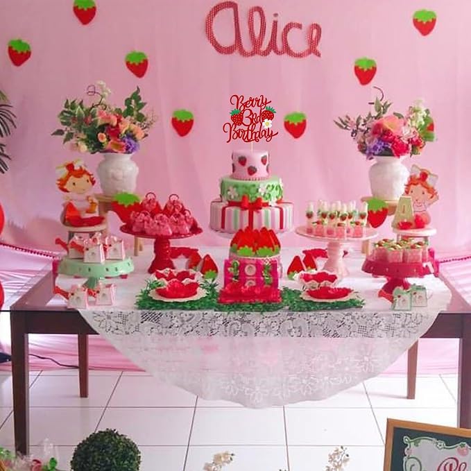1 PCS Strawberry Berry 3rd Birthday Cake Topper Glitter Flower Sweet Fruit Theme Third Birthday Strawberry Cake Pick for Strawberry Theme Baby Shower 3rd Birthday Party Cake Decorations Supplies