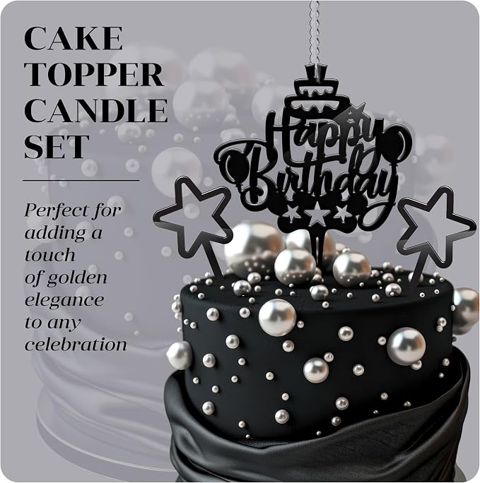 Happy Birthday Acrylic Cake Topper Candle, Black, 2 Wicks