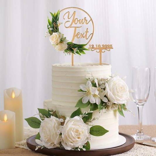 CustomText Wedding Cake Topper with 3D Artificial Flowers and Green Leaves Personalized Your Text Birthday Cake Decoration (Oak Finish)