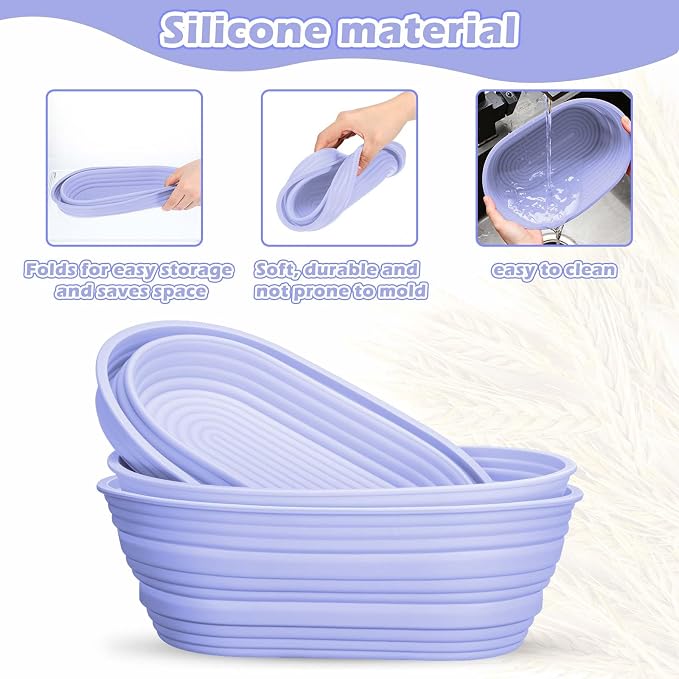 Nuogo 9 Pack Oval Bread Proofing Basket Silicone 10 Inch Collapsible Sourdough Bread Baking Supplies Dough Proofing Bowl with Dough Scraper and Basket Covers (Purple)