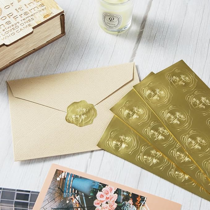 300 Pieces Embossed Gold Foil Stickers, Gold Rose | For Envelopes, Wedding Invitations, Christmas Greeting Cards