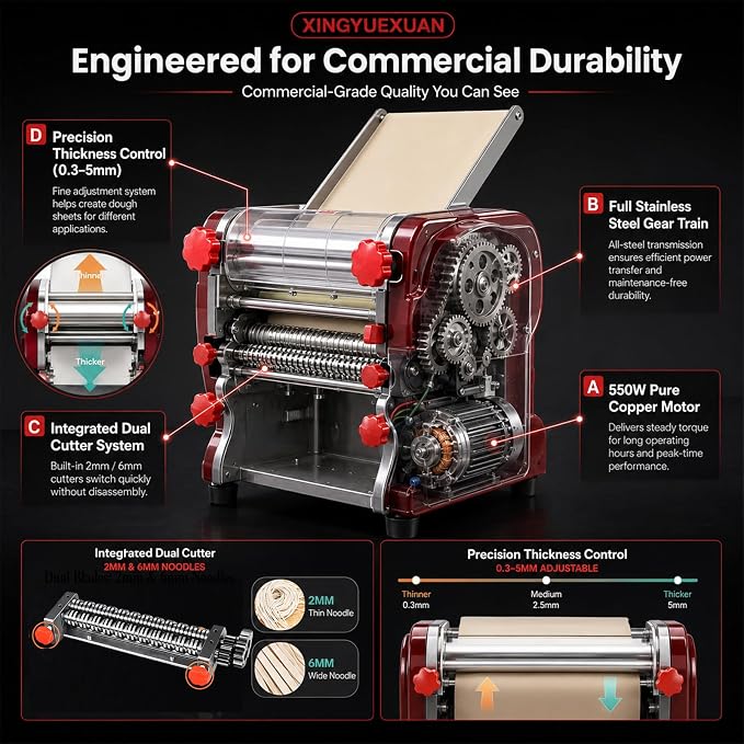 XINGYUEXUAN Electric Pasta Making Machine Commercial Noodle Spaghetti Maker Dough Roller with 2mm/6mm Cutter