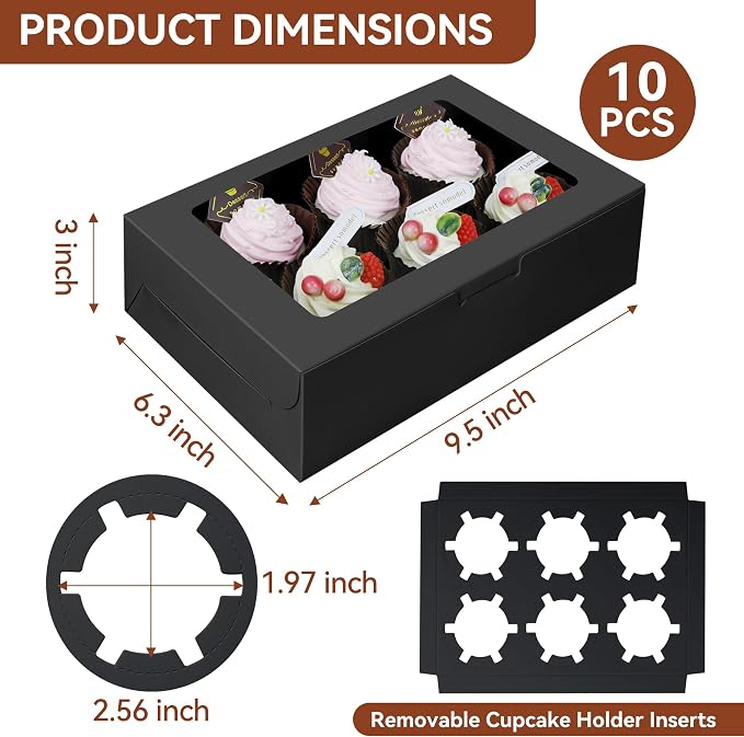10-Set Cupcake Boxes Bulk with Clear Display Window Hold 6 Standard Cupcakes, Disposable Food Grade Black Cupcake Carrier Cupcake Container, Perfect for Cupcakes Muffins Cookies Pastries