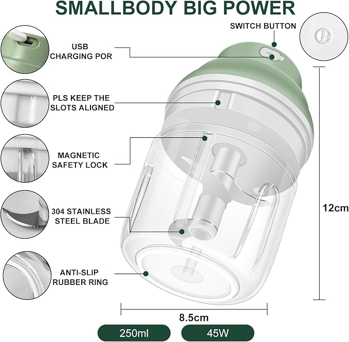 Electric Garlic Chopper, 250ML Garlic Mincer with Egg Beater, Mini Portable Vegetable Chopper, Onion Grinder Masher, USB Small Food Processor for Veggie, Garlic, Ginger, Chili(Green)