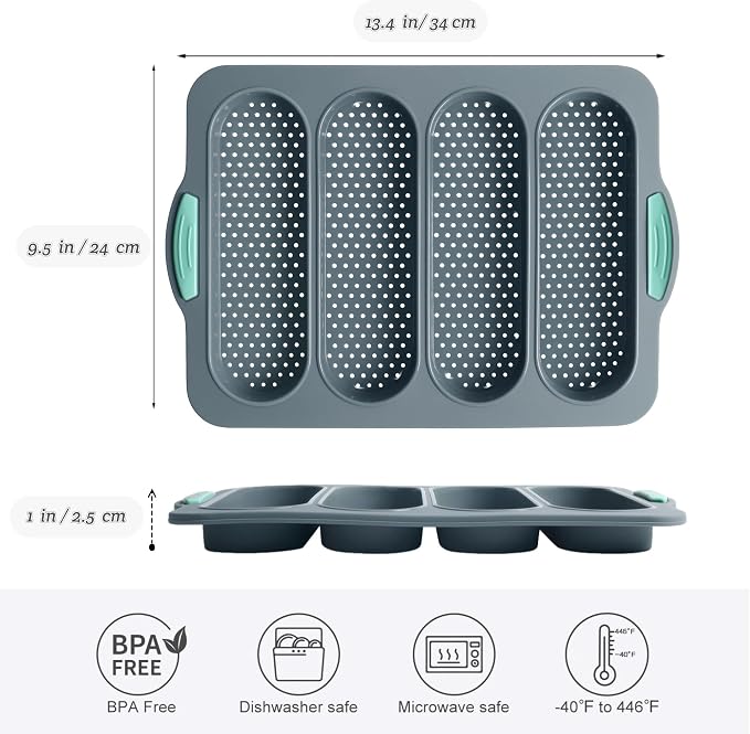 Baguette Bread Pan, Non-Stick Food Grade Silicone Bread Loaf Pan, 4 Cavity Perforated French Bread Baking Pan for Hoagie/Sub/Sandwich Rolls, Gray