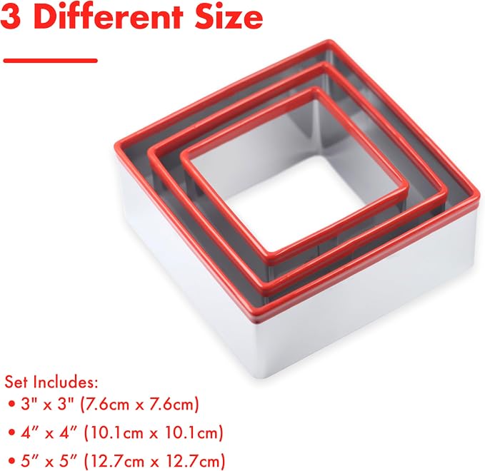 Large Square Cookie Cutter Set, 3, 4, 5 Inch, Stainless Steel Biscuit Cutters for Baking, Sandwich Cutter Shapes for Kids, Red Soft Rubber Top for Protection