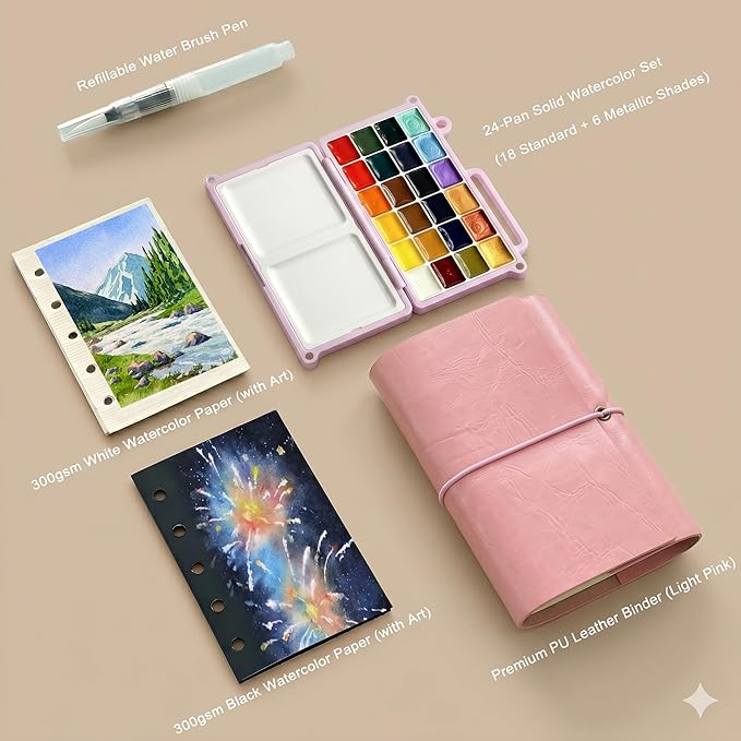 DarkWish Premium Mini Travel Watercolor Sketchbook Set - 24 Colors & Water Brush, PU Leather Urban Sketching Pocket Art Pad with 300gsm Black/White Paper, Plein Air Gift for Adults (Pink)