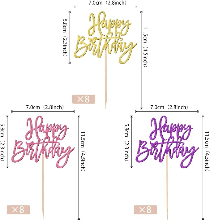 24 PCS Happy Birthday Cupcake Toppers Glitter Happy Birthday Cupcake Picks for Celebrating Anniversary Theme Party Cake Decorations Supplies Gold Purple Pink