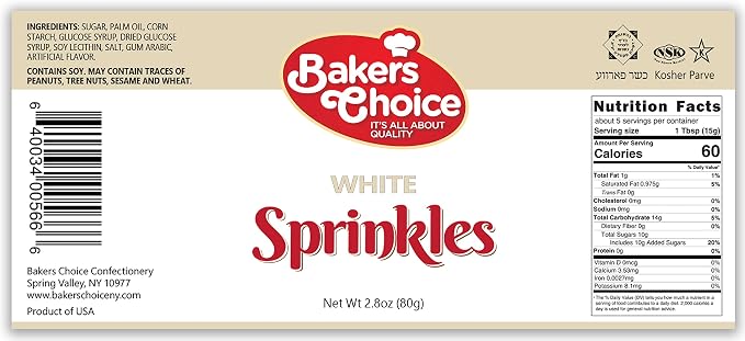Bakers Choice White Sprinkles for Baking - Jimmies Sprinkles for Ice Cream Toppings - Dairy Free, Kosher 2.8 oz.