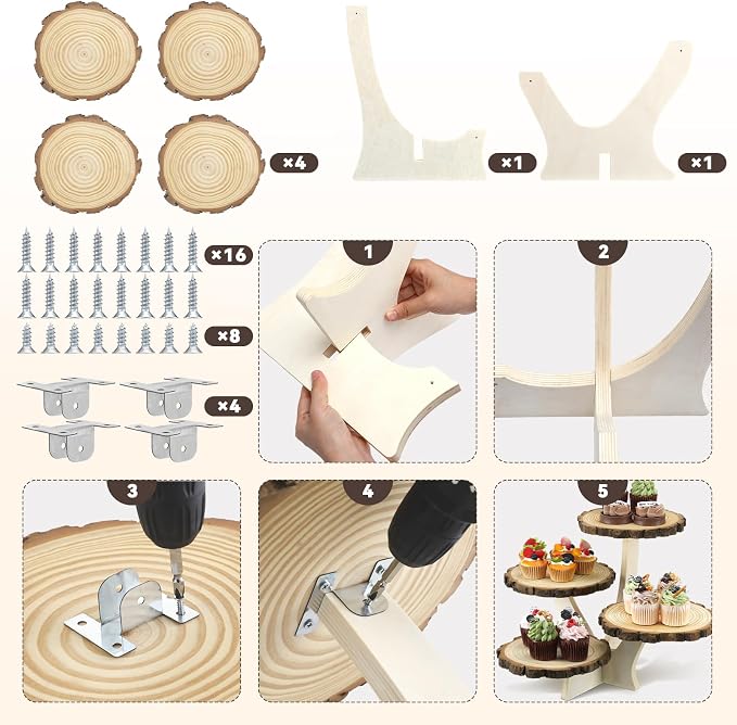 Chunful 4 Tier Round Natural Wood Cupcake Dessert Stand, Cup Cake Tower Stand Holder, Wooden Cake Display Tiered Centerpiece for Party, Birthday, Wedding, Baby Shower, Holiday Decoration