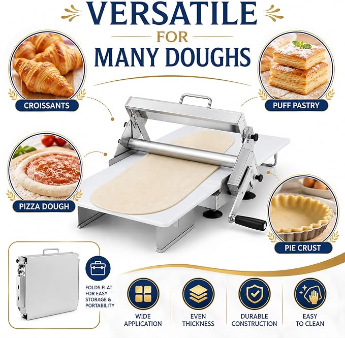Manual Dough Sheeter Machine, Folding Stainless Steel Dough Roller, 0-25mm Adjustable Thickness, Compact Pastry Sheeter for Croissants, Pizza, Pasta, Pie Crust