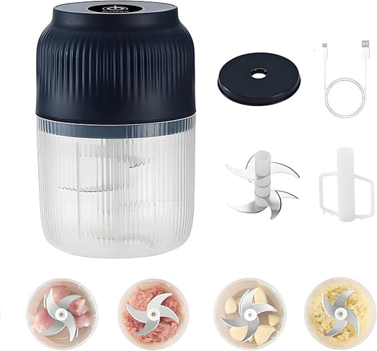 Cordless Multifunctional Electric Garlic Chopper,350ml Mini Food Processor with 6 Blades,USB Rechargeable 1-Touch Food Grinder for Garlic, Onion, Ginger, Chili (Blue,6 Blades&1 Egg Beater)