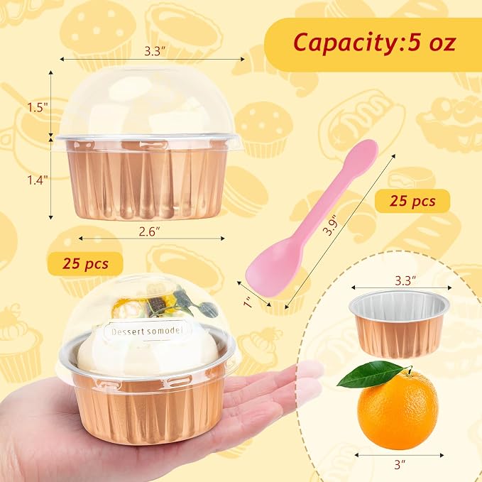 5oz Cupcake Baking Cups with Lids 25 Pack, Foil Muffin Tin Mini Cake Pans Small Cupcake Containers, Disposable Creme Brulee Ramekins Liners for Bake Sales Wedding-Champagne