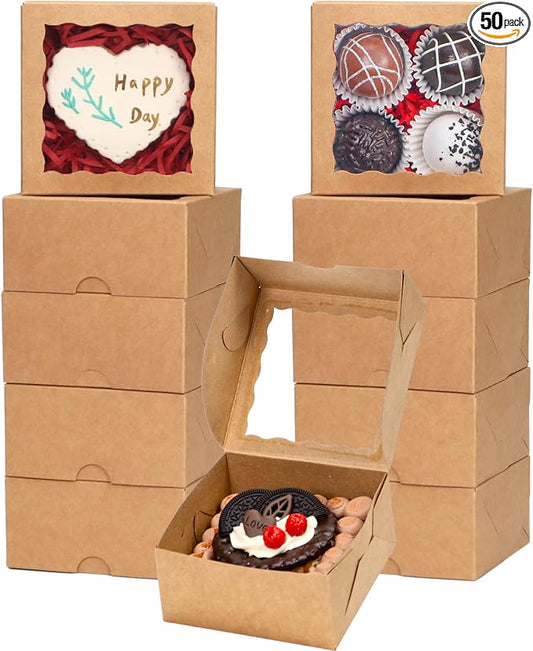 50-Count 4x4x2 inches Food-Safe Brown Bakery Boxes - Multi-Use Pastry & Treat Packaging for Cookies, Truffles & Wedding Favors (Small Gift Boxes for Cakes, Pies & Cinnamon Rolls)