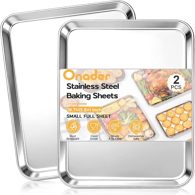 Onader Baking Cookie Sheet Set, 20 x 14 Inch Stainless Steel Large Baking Sheet Pan, 1 Inch Deep Metal Oven Pan Tray for Oven, Easy Clean & Dishwasher Safe, 2-Pack