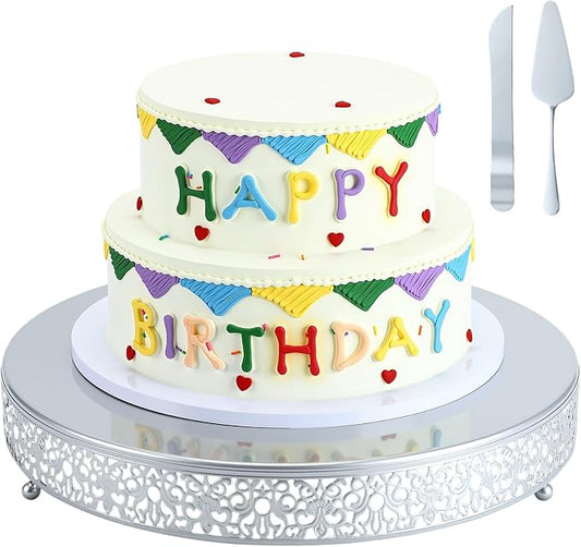 Wenqik 16 Inch Silver Cake Stand Set Metal Round Cupcake Dessert Stand with Cake Cutting, Spatula Wedding Cupcake Pastry Display Candy Holder Display for Wedding Party Birthday Baby Shower(Classic)