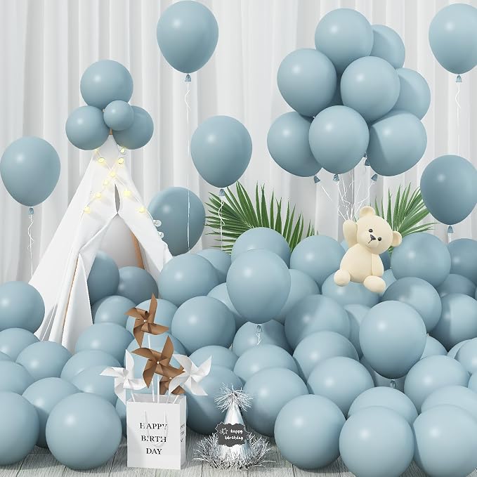 Jobkoo Blue Balloons - 12 Inch, 100 Pack Muted Dusty Blue Latex Balloons for Birthday, Boho Baby Shower, Bachelorette Party Decorations