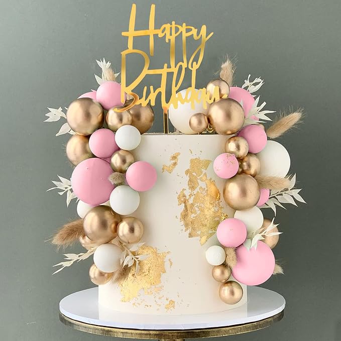 Pink Balls Cake Topper Boho Grass Cake Topper Pink White Gold Pearl Balls Happy Birthday Cake Decorations for Wedding Birthday Boho Themed Supplies (Pink)