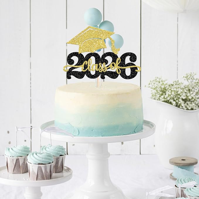 1 Pack Class of 2025 Cake Topper Glitter Congrats Grad Cap 2025 Graduation Cake Pick for 2025 Graduation Theme High School Boys Girls Graduate Party Cake Decorations Supplies Black Gold
