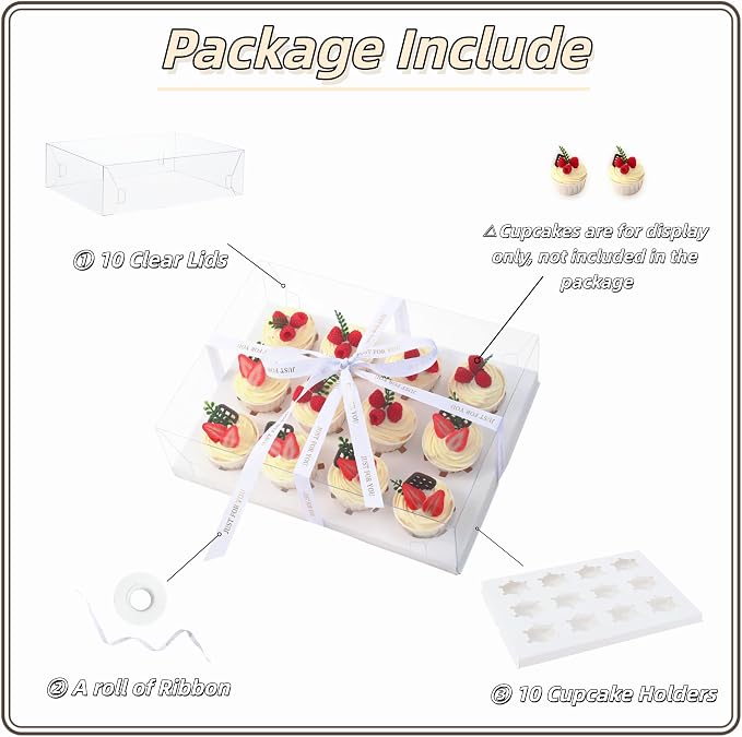 12 Count Clear Cupcake Boxes 10 Packs Cup Cake Holder Containers with Gift Ribbon plastic Cupcake Carrier for Treat Dessert Cookies Muffins Packaging for Party Baking Wedding