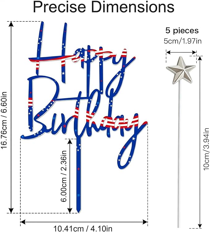 Happy 18th Birthday Cake Toppers, Patriotic Themed Acrylic Cake Decorations with 5pcs Star for Boys Girls Men Women Birthday Anniversary Party Decor Supplies