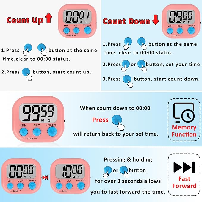 ZILLEEN 6 Pack Kitchen Timers for Cooking Digital Classroom Timers for Teachers Kids Blue Green Pink