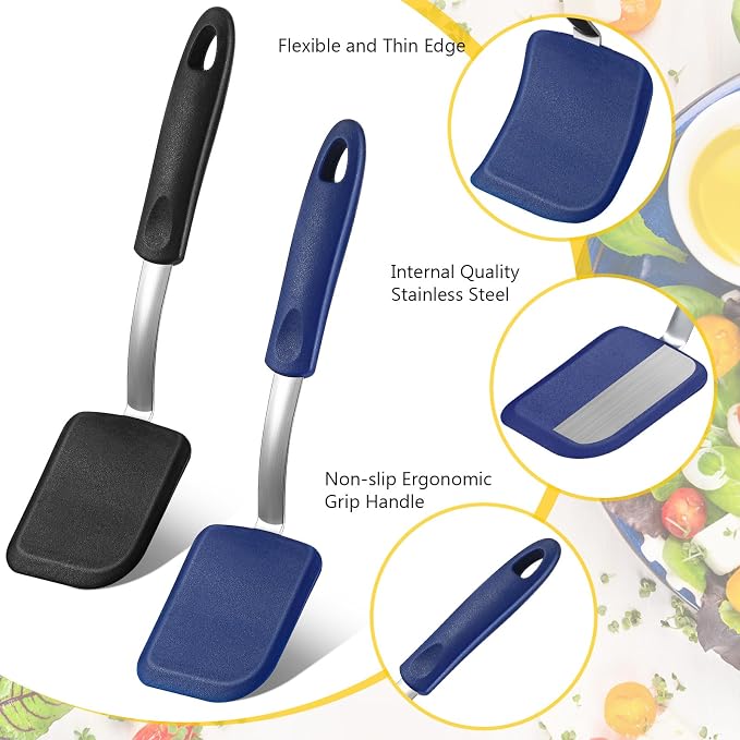 Silicone Cookie Spatula Turner 2 Pack Mini Brownie Spatula Flexible Kitchen Small Silicone Turner for Nonstick Cookware Heat Resistant No Scratch Flipper for Pancake(Solid Flat,Black,Blue)