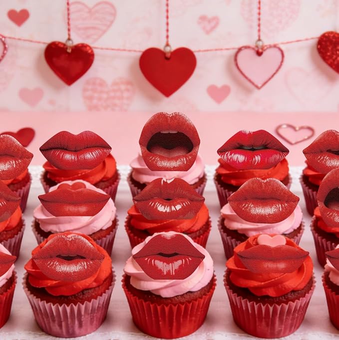 54PCS Edible Red Lips Cupcake Toppers Wafer Paper Kiss Lips Cupcake Picks Happy Valentine's Day Cake Decor for Valentine's Day Theme Party Birthday Decoration Supplies
