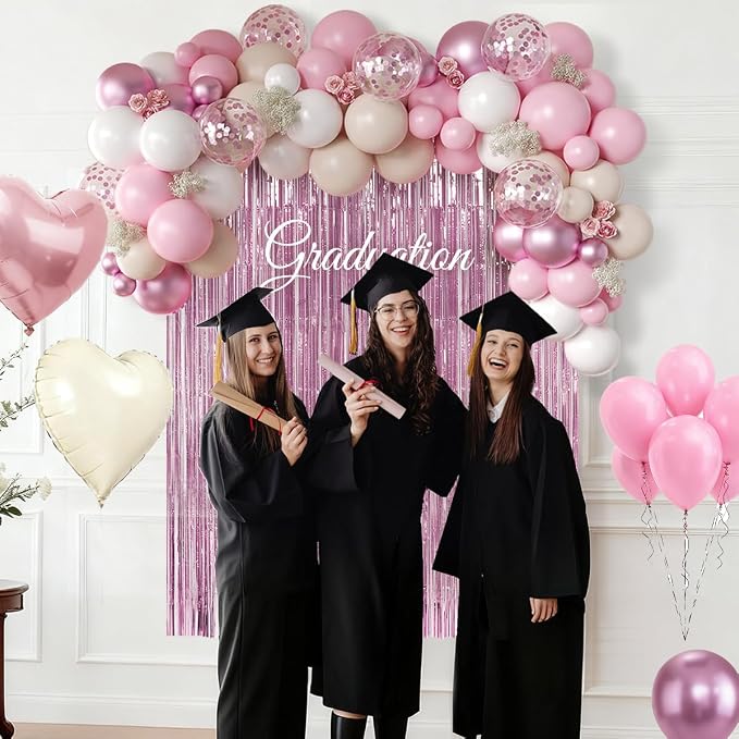 157Pcs Pink and White Balloons Garland Arch Kit with Metallic Pink Fringe Curtain for Woman Girl Princess Birthday Bridal Baby Shower Engagement Wedding Valentine's Day Party Decorations