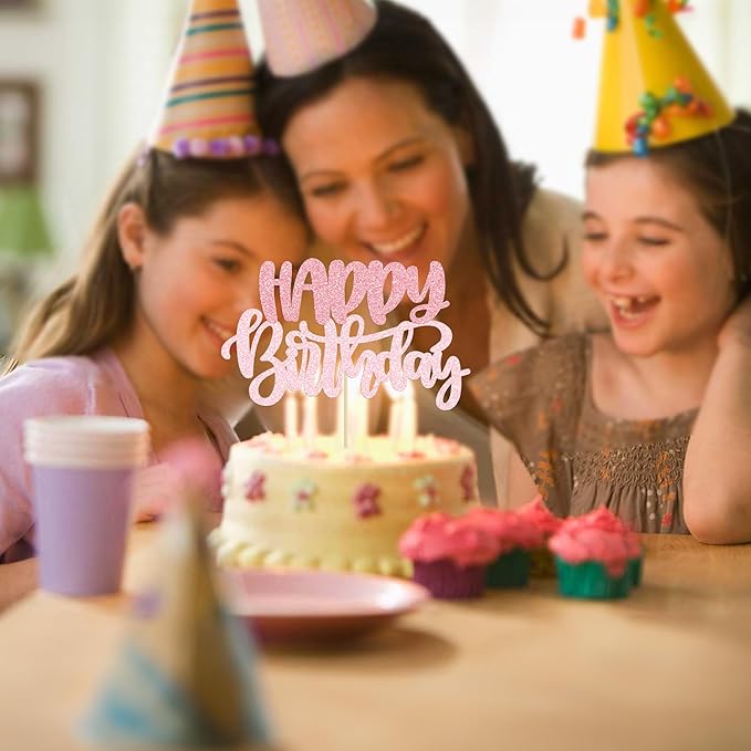 Gyufise 1Pcs Happy Birthday Cake Topper Glitter Cake Pick for Celebrating Anniversary Theme Party Cake Decorations Supplies Pink