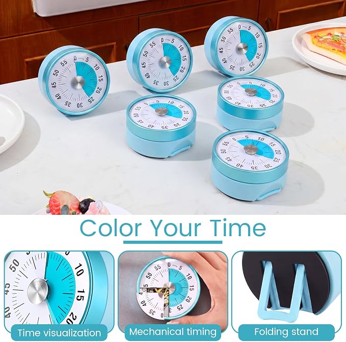 Blosssound 3 Pcs 60 Minute Visual Timers 3 Inch Mechanical Desk Countdown Timer with Magnetic Foldable Legs Hanging Hole Alarm Kitchen for Cooking Study Tool Meeting (Blue)
